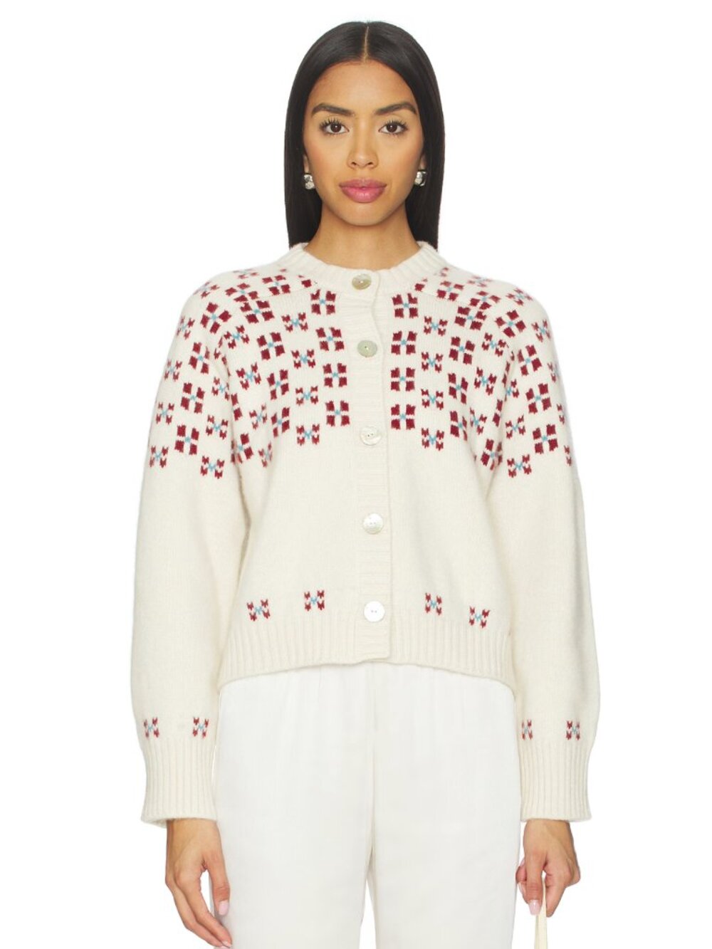 Calle Del Mar Winter Fair Isle Cardigan in Natural White & Oxblood Cashmere Wool